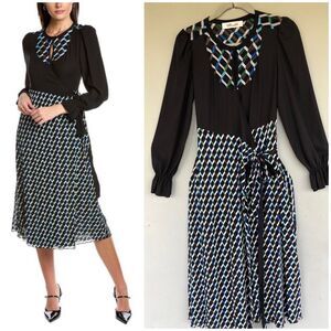 Diane von Furstenberg Caroline Wrap Dress S Black Geometric Jersey Midi 70s Mod